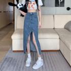 High Waist Washed Denim Slit Midi A-line Skirt