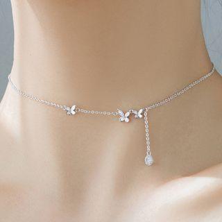 Rhinestone Flower Choker With Necklace - Silver - One Size