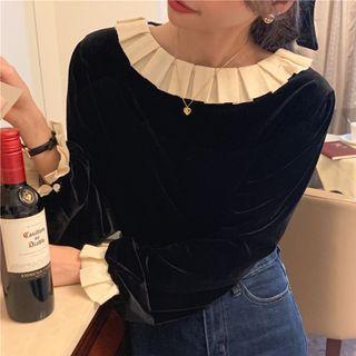 Long-sleeve Frill Trim Velvet Blouse Black - One Size