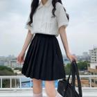 Set: Short-sleeve Pintuck Shirt + Mini A-line Pleated Skirt