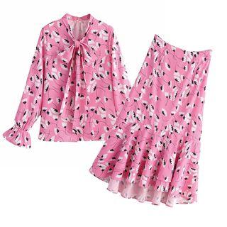 Set: Long-sleeve Printed Blouse + Midi A-line Skirt