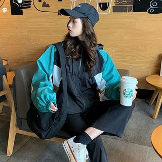 Color Block Hooded Windbreaker As Shown In Figure - One Size