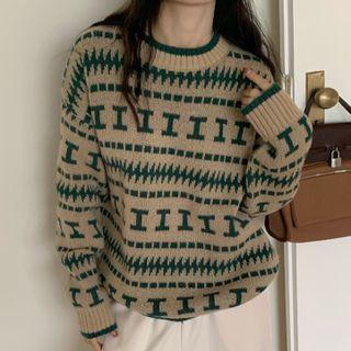 Patterned Sweater Green Pattern - Beige - One Size