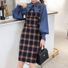Tie-accent Long-sleeve Blouse / Plaid Pinafore Dress