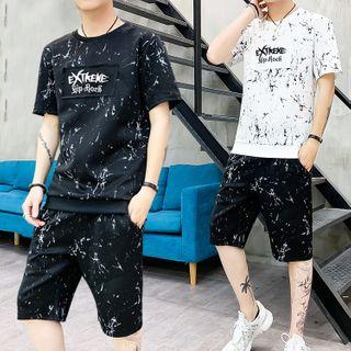 Set: Printed Lettering Short-sleeve T-shirt + Shorts