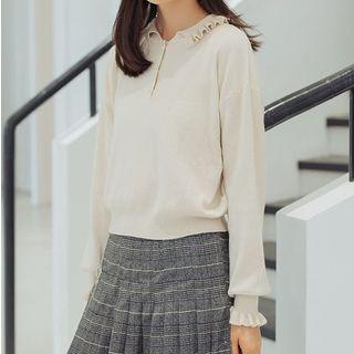Long-sleeve Frill Trim Knit Polo Shirt Almond - One Size