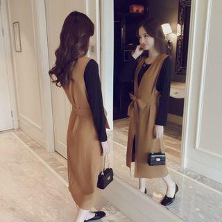 Set: Crew-neck Long-sleeve T-shirt Dress + V-neck Tie Waist Pinafore Dress