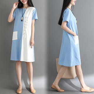 Short-sleeve Two-tone Lace-up Dress