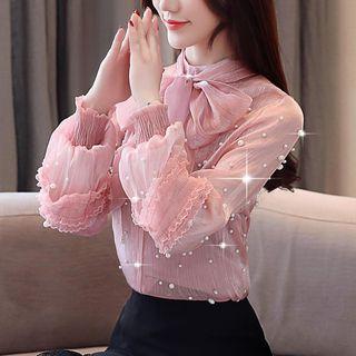 Faux Pearl Tie-neck Chiffon Blouse