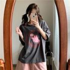 Short Sleeve Cartoon Print T-shirt Gray - One Size