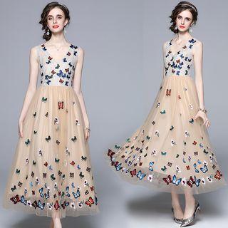 Sleeveless Butterfly Embroidered Mesh Midi A-line Dress