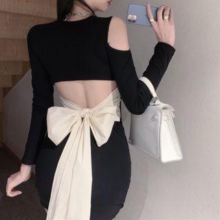Long-sleeve Cut-out Bow Back Mini Sheath Dress