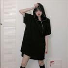 Short-sleeve Hooded Half-zip Mini Shift Dress Black - One Size