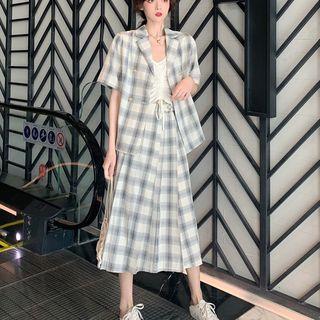 Short-sleeve Double-breasted Blazer / High Waist Midi A-line Skirt