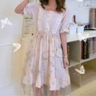 Short-sleeve Star Embroidered Ruffled A-line Mesh Dress