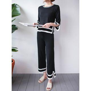 Set: Contrast-trim Top + Wide-leg Pants