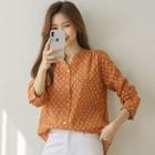Open-placket Shirred Patterned Blouse