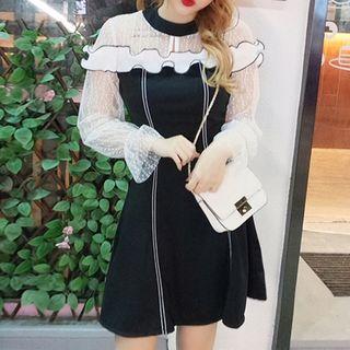Long-sleeve Lace Panel Frilled Mini A-line Dress