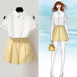 Set: Cold-shoulder Striped Blouse + Wide Leg Shorts