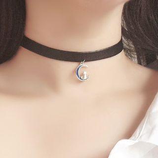 Cat And Moon Pendant Faux Leather Choker As Shown In Figure - One Size