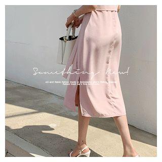 Short-sleeve Slit-hem Dress With Sash Pink - One Size