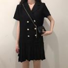 Short-sleeve Double Breasted Mini Dress Black - One Size
