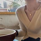 Long-sleeve V-neck Asymmetric Plain Knit Top