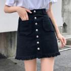 Fray-hem Button Mini A-line Denim Skirt