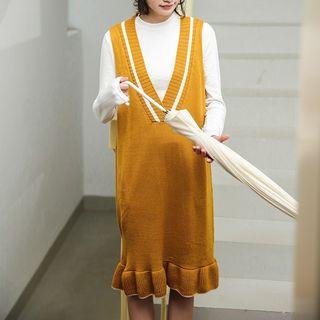 V-neck Ruffle Hem Long Knit Vest Yellow - One Size