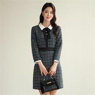 Contrast-collar Tweed Dress