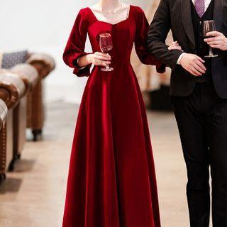 3/4-sleeve Beaded Velvet A-line Evening Dress