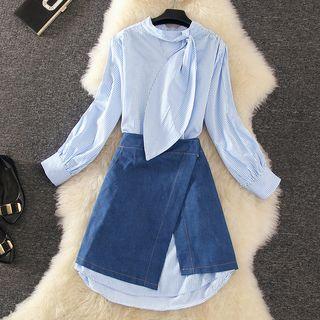 Set: Striped Long-sleeve A-line Dress + Denim Skirt