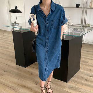 Elbow-sleeve Midi Denim Shirtdress Blue - One Size