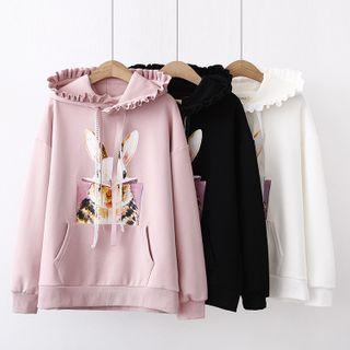 Ruffle Trim Rabbit Print Hoodie