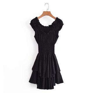 Off-shoulder Frill Trim Tiered Mini A-line Dress