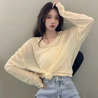 Long-sleeve Round Neck Sheer T-shirt