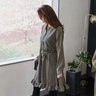 Frilled Geo Pattern Shirtdress With Sash