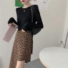 Long-sleeve T-shirt / Leopard Print Asymmetric Skirt