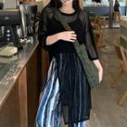 Elbow-sleeve Mesh Slit T-shirt / Striped Wide Leg Pants