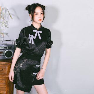 Short-sleeve Bow Mandarin-collar Top / Mini Skirt