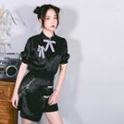 Short-sleeve Bow Mandarin-collar Top / Mini Skirt