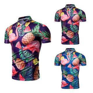 Short-sleeve Flamingo Print Polo Shirt