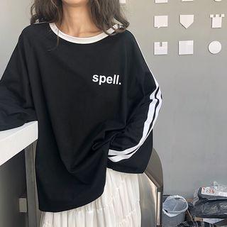 Long-sleeve Contrast-trim Lettering T-shirt