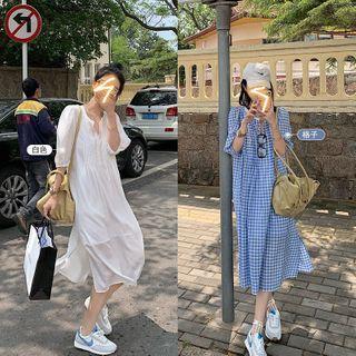 Puff-sleeve Notched Midi Dress