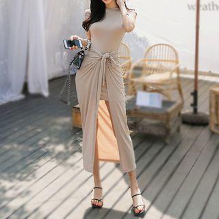Set: Short-sleeve Mini Sheath Dress + Midi Wrap Skirt
