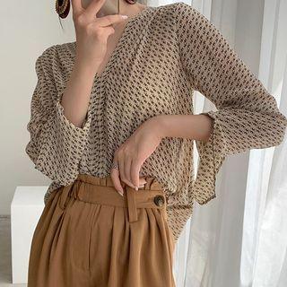 Long-sleeve V-neck Print Chiffon Blouse