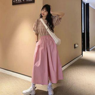 Short-sleeve Plaid Blouse / Cropped Wide-leg Pants