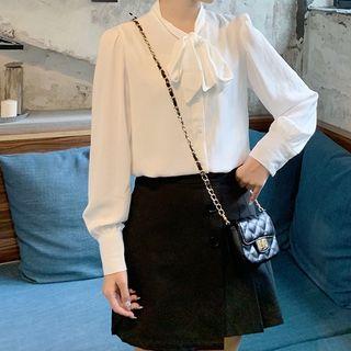 Chiffon Designed Long-sleeve Blouse White - One Size