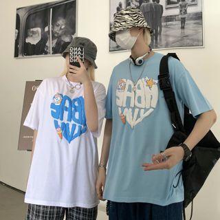 Couple Matching Short-sleeve Round Neck Lettering Heart T-shirt