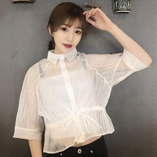 Plain Elbow Sleeve Sheer Shirt